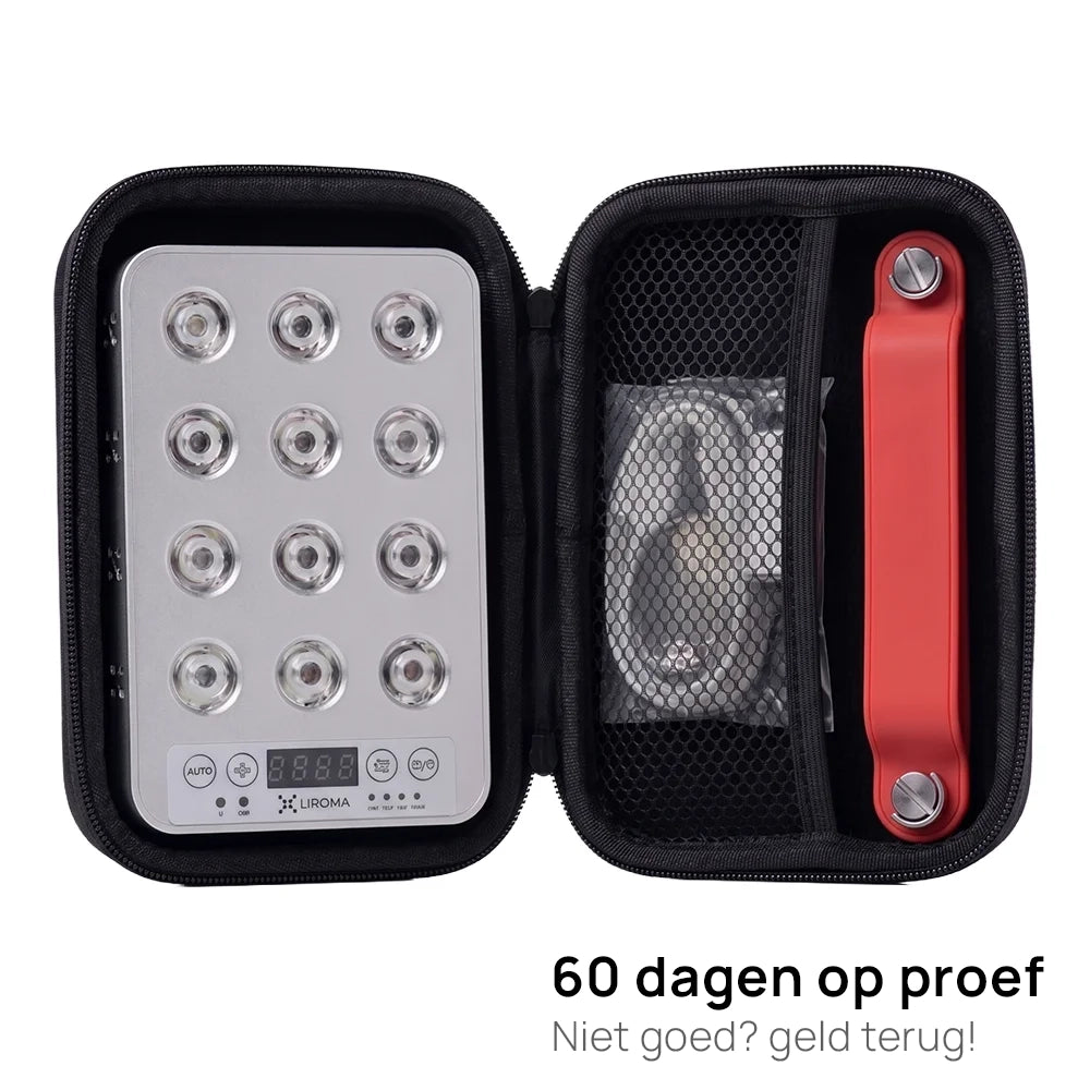 Liroma Portable Prime in het meegeleverde opbergetui met kabel en standaard