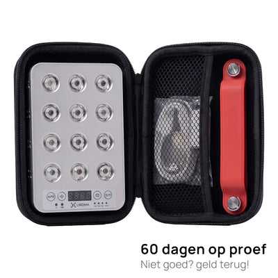 Liroma Portable Prime in het meegeleverde opbergetui met kabel en standaard