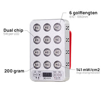 Kenmerken van de Liroma Portable Prime: dual chip leds van 5W, 6 golflengten van 610 tot 1060 nm, 141 mW/cm² en een gewicht van 200 gram