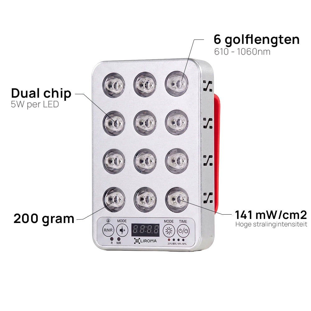 Specificaties van de Liroma Portable Prime: leds, golflengten, lichtintensiteit en gewicht